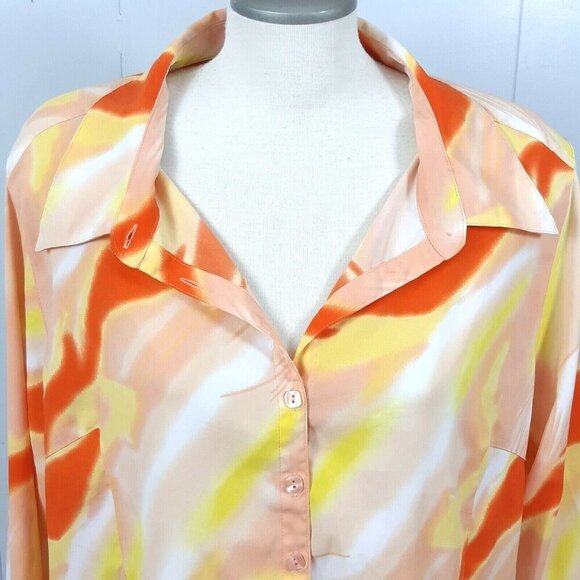 Milano Woman Blouse Womens Plus 1X Orange Yellow Bell Pleated Sleeve Art To Wear - Picture 2 of 7
